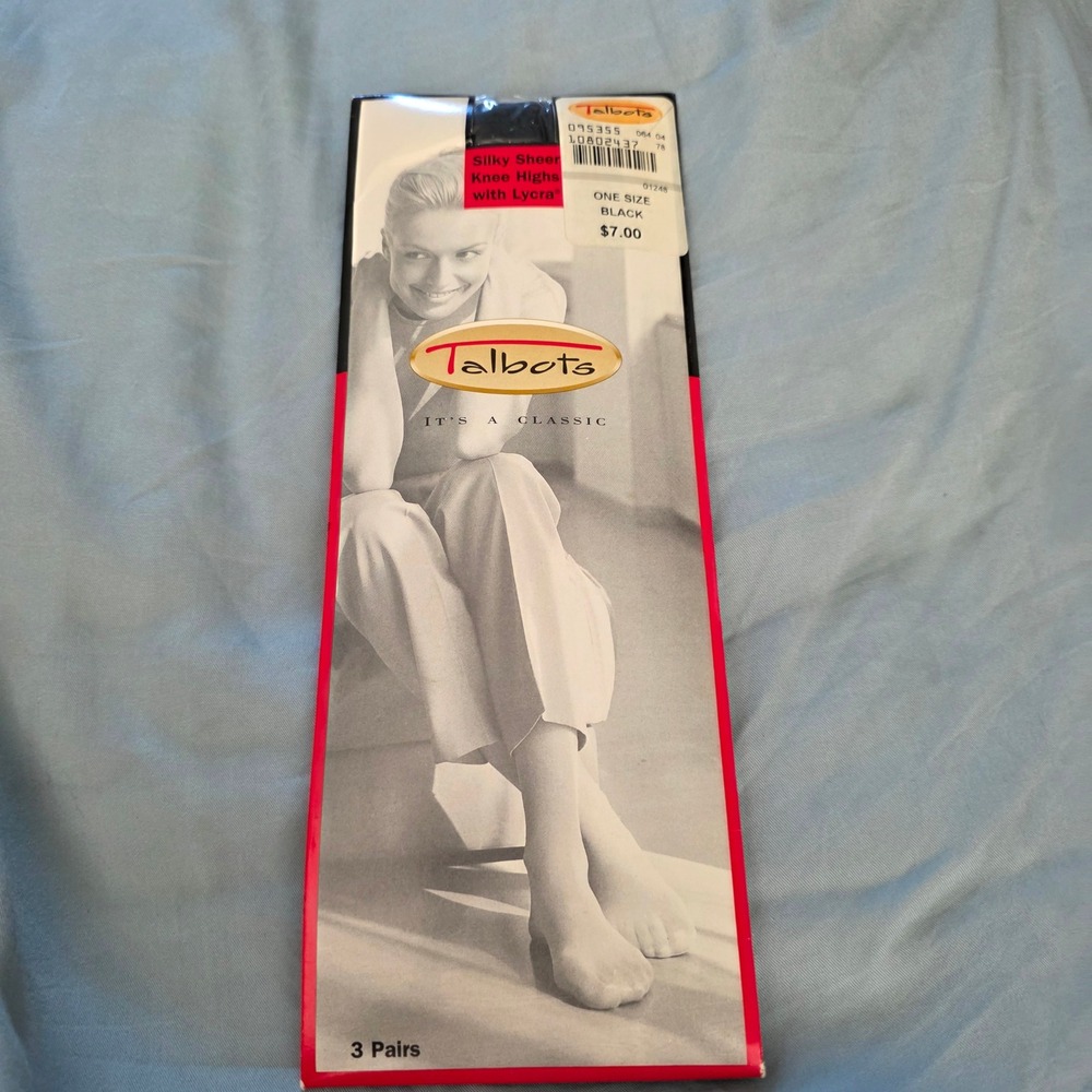 Talbots Knee Highs Nylons Black Silky Sheer Lycra 3 Pairs Womens OS NIB